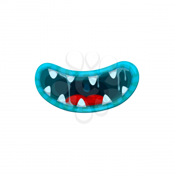Monster mouth, vector smile jaws with sharp teeth and nasty blue lips with dripping gooey saliva. Halloween creature disgusting smiling alien mouth isolated on white background