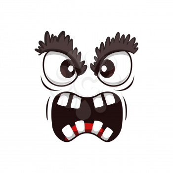 Monster face cartoon vector icon, yelling creepy creature, emotion with hairy eyelids, angry eyes and roar mouth with long sharp teeth. Ghost, alien spooky emoji isolated on white background