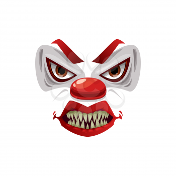 Scary clown face vector icon, funster grin mask with creepy makeup, red nose, angry eyes and open mouth with sharp teeth. Halloween character emoticon, isolated horror creature emoji