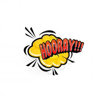 Hooray comic bubble boom bang effect pop art design isolated burst explosion. Vector hurrah chat message used to express joy or approval, communication comic bubble, balloon with sound effect