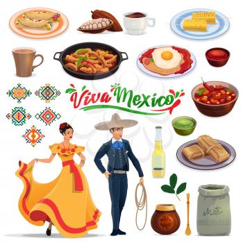 Mexican meals and drinks, people in carnival costumes. Vector enchilada, cacao beans and chocolate, fajitas, huevos rancheros and tamale, lemonade, mate and woman in tabasco dress, man in charro suit