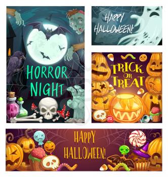 Happy halloween party, horror night, trick or treat. Vector full moon and flying bats, zombies, skulls and bones. Horrible ghosts, pumpkins and sweets, tasty confectionery candies and jellies