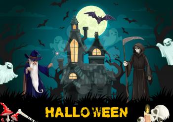 Halloween haunted house with horror ghosts, bats, black cat and full moon. Vector death with scythe, cape and skeleton skull, evil wizard with magic wand, candles and creepy tree, greeting card design