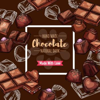 Chocolate candy and bars vector design of sweet food dessert. Sketches of dark cocoa candies in a shape of square, heart and pyramid with praline, truffle, caramel fillings and coconut, nuts toppings