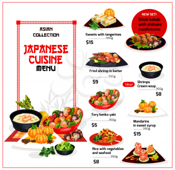 Japanese restaurant menu with asian seafood, vegetable dishes and fruit desserts vector template. Chicken stew, rice and grilled mushrooms, shrimp cream soup and fried prawns with marinated ginger