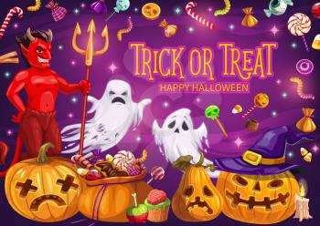 Halloween holiday trick or treat pumpkins with candies vector greeting card. Ghosts, red devil and lantern with witch hat and candle. Horror night party invitation design
