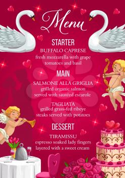 Menu on wedding day, food and drinks, starter, main course and desserts. Vector buffalo caprese, salmone alla griglia, tagliata and tiramissu. Save the date dinner, couple of swans and flower bouquets