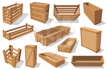 Crates and wooden drawers, empty transportation and distribution boxes isolated. Vector wooden pallets and parcels, vegetable and fruit containers with holes. Cargo packs, open and closed packagings