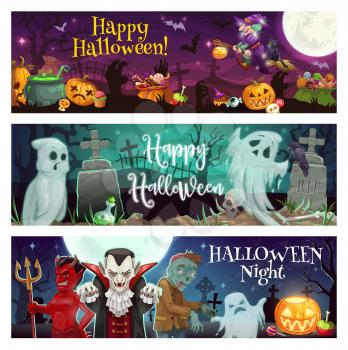 Happy Halloween vector greeting banners of horror night ghosts, monsters and pumpkins at cemetery. Scary witch, vampire and zombie, evil skeleton skull, devil and spooky dracula with potion cauldron