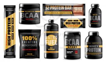 Sport vitamins containers isolated, BCAA amino acids, food supplement. Vector whey protein concentrates, creatine monohydrats, mass building gainer. Fast absorbing amino fuel, body fortress recovering