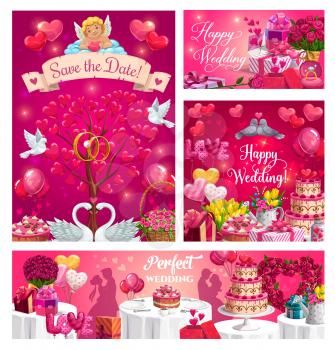 Perfect wedding day, Save the date inscription on banner with cupid. Vector marriage party invitations, engagement rings and happy couples. Preparations to bridal nuptials, hearts and flowers, cake