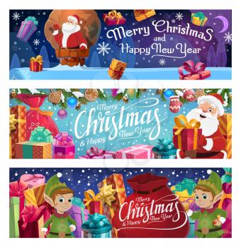 Christmas holiday, Santa Claus and elves or helpers. Vector gift boxes or presents, chimney and roof, sack and moon, fir branches and gingerbread cookies, mitten and balls, snowflakes and celebration