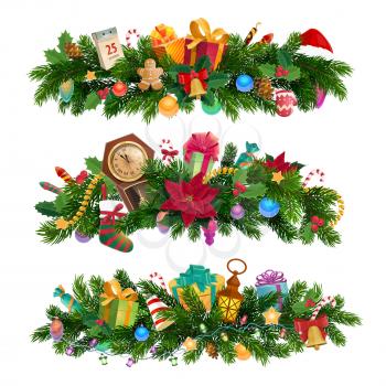 Christmas compositions and decorations, Xmas tree branches. Vector fir, clock and holly plant, garland and balls, gingerbread boy and fireworks. Jingle bells and socks, gift boxes and calendar