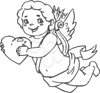 Smiling Cherub with heart in hands isolated Cupid. Vector Valentines day symbol Amur winged boy