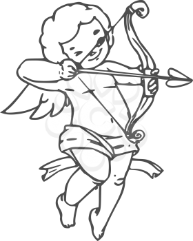 Angel boy isolated Cupid or Amur with bow and arrow wounds victim, outline vector