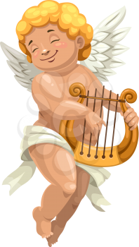 Amur playing on harp isolated character. Naked boy in diaper, vector Cupid with musical instrument