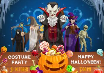 Halloween costume party vector invitation. Pumpkins with horror night trick or treat candies, witch, vampire and death skeleton with scythe, mummy and evil wizard with black magic staff, potion