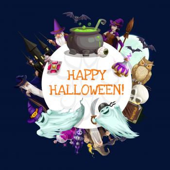 Halloween witch, horror ghosts, bats and moon vector frame. Evil wizard and magicians with skeleton skull and owl, potion bottles, cauldron and black magic spellbook, broom, wand and haunted house