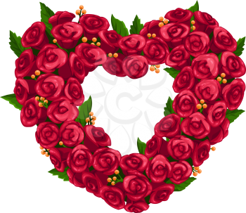 Heart shape wreath isolated rose buds and leaves. Vector frame of rose flowers