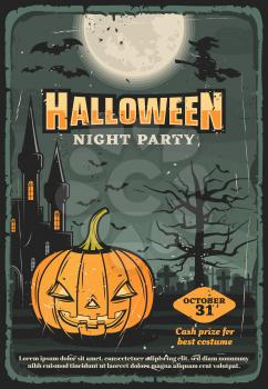 Halloween night party invitation with vector bats and witch on broom flying around moon. Horror pumpkin, haunted house and graveyard with creepy trees and gravestones, old vintage poster design
