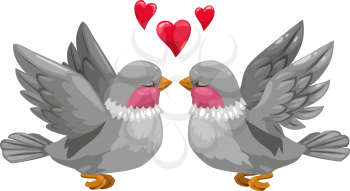 Couple of birds with red necks isolated. Vector flying animals in love, hearts over heads