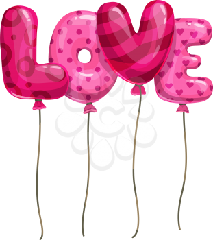 Pink word love of balloons isolated. Lettering inflatable helium letters hearted and dotted inflated objects