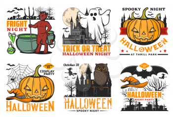 Halloween pumpkin vector icons with ghost, bats and witch, moon, spiders and net, owl, devil and haunted house, black magic potion cauldron and graveyard. Horror night holiday celebration design