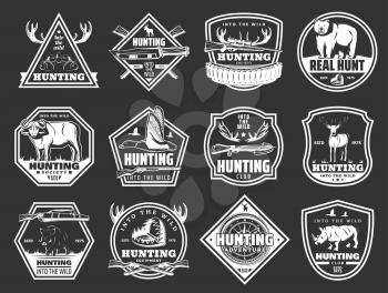 Hunter club badges, hunting open season adventure icons of wild animals and birds. Vector African safari hunt rhinoceros, hunter ammo equipment rifles and traps for bear, deer or elk antlers