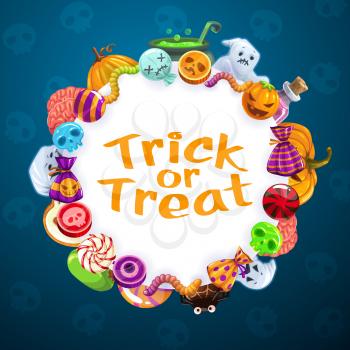 Trick or treat party sweet candies, Happy Halloween horror night holiday greeting. Vector Halloween spooky ghosts, pumpkin lantern and Jack zombie in spider web, brain and skull pattern