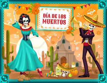 Mexican Day of the Dead dancing skeletons vector design of Dia de los Muertos holiday. Skeletons of Catrina, flamenco dancer and festival mariachi, sugar skull, sombrero and marigold flowers