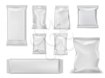 Bag packs, white foil doypack and sachet pouch template mockups. Vector isolated realistic 3D blank glossy doy pack, chip snacks, candy pack with zipper, wet towels and cosmetic products package