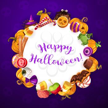 Halloween round banner with holiday sweets. Vector trick or treat party, sweet pumpkins and scary candy sweets and lollipops. Cookies in shape of bat, frog or witches hat, jelly confectionery