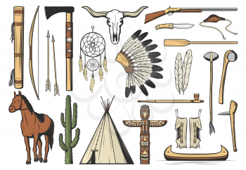 Native American icons with vector tribal indian arrows, feathers and dream catcher, buffalo skull and tepee. Isolated headdress of aztec tribe chief, tomahawk, canoe and bow, horse, totem pole, rifle