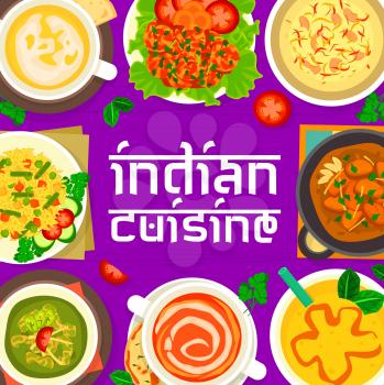 Indian cuisine menu cover. Tomato and pea cream soup, mango yogurt Lassi, chicken with spinach Palak Murgh and vegetable rice Pulao, Chawal Ki Kheer pudding, prawn in tomato sauce and turkey curry