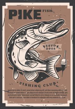 Pike trophy, fisher club competition vector. Freshwater fish and fishery gear equipment, fishing hobby sport tournament. Fishing league sporting event, vintage float bobber