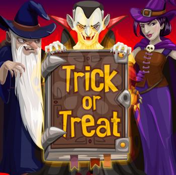 Halloween witch, dracula and wizard, trick or treat party vector. Horror night vampire, witch and evil magician with hats, potion and black magic spellbook. Halloween holiday monsters