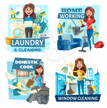 Laundry and window cleaning, domestic cook and home working housekeeping service, vector. Cartoon woman cleaning room, washing and cook dinner. Housewife and household chores, cleaning equipment