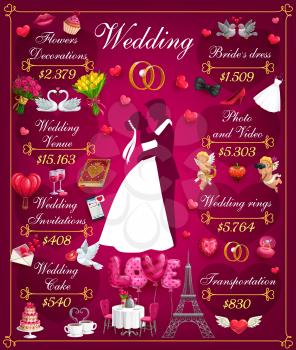Wedding costs, arrangement of party and price on services. Vector flowers decoration, venue and invitations, cake and bridal dress. Photo and video, engagement rings and money on transportation