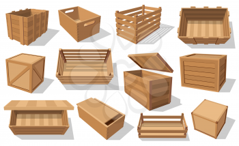 Wooden boxes and parcels isolated icons. Vector pallets and fruits and vegetables transportation containers, drawers and empty wood crates, cargo distribution packs. Packed shipping boxes with holes