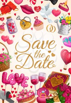 Wedding, love hearts and Save the Date invitation calligraphy with pink roses flowers. Vector wedding cakes, golden ring with diamond, dove with love message and hearts balloons, cupcakes and gifts