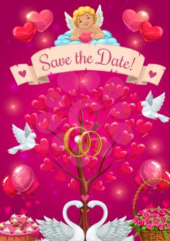 Save the date invitation, vector tree with hearts symbols of love. Vector cupid resting on cloud, couple of doves and engagement rings. Happy marriage card, swans and basket of rose flowers, balloons