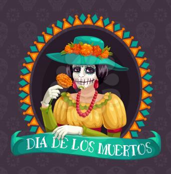 Dia de los muertos Mexican holiday, female portrait. Vector dead woman makeup and death celebration, flower and hat, beads and dress, gloves. Skull and pattern, calavera festive traditional symbol