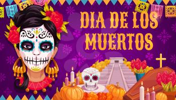 Mexican traditional religious holiday or Day of Dead. Vector woman in calavera skull painting, Aztec pyramid or altar and coffin with Dia de los Muertos marigold flowers, flags and candles