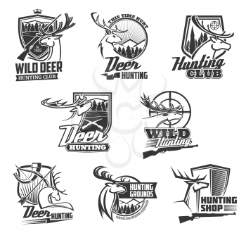 Deer hunt club badges, hunting open season icons. Vector deer antlers trophy, wild animal head and hunter ammo equipment horn and trap, crossbow arrow and rifle guns