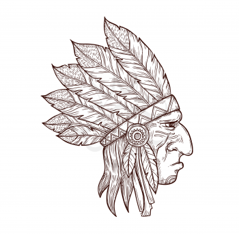 Indian chief head in traditional headdress of eagle feathers, sketch tattoo symbol. Vector Western and native American Indigenous tribe culture symbol of Indian chief warrior, monochrome engraving