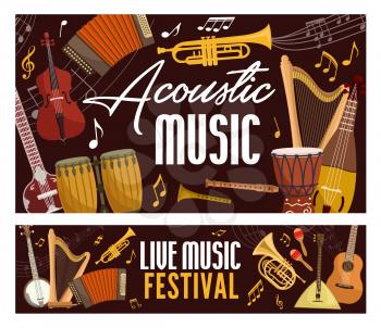 Live music festival poster, classic, jazz and folk band musical instruments. Vector acoustic guitar, notes staff and orchestra harp, folk maracas and harmonica accordion, violin and trumpet