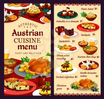 Austrian cuisine menu, food and desserts menu. Vector galushka in shamploi, potato salad, sachertorte and vasilopita, cheese dumplings, beer soup. Goulash in Tyrolean, vanilla horseshoe cookies, goose