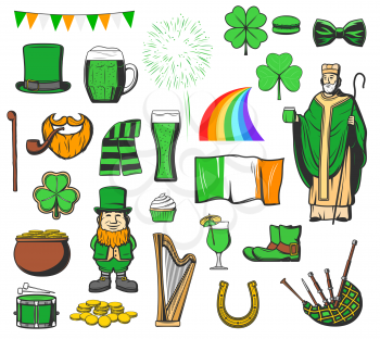St Patrick day decorations and green icons. Vector Saint Patrick holiday symbols, Ireland flag, leprechaun golden coins in cauldron, beer and lucky clover with horseshoe, Irish bagpipes and rainbow