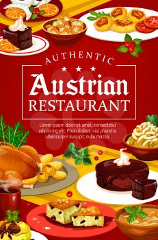 Austrian food authentic restaurant menu. Vector meat and soup, desserts on plates and coffee. Christmas goose and beer soup, chocolate cake sacher and nut cookie. Tyrolean beef stew goulash and pasta