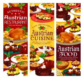 National food of Austria, authentic restaurant of Austrian cuisine food and desserts. Vector menu, galushka in shamploi, cheese dumplings, potato salad, beer soup. Vanilla horseshoe cookies